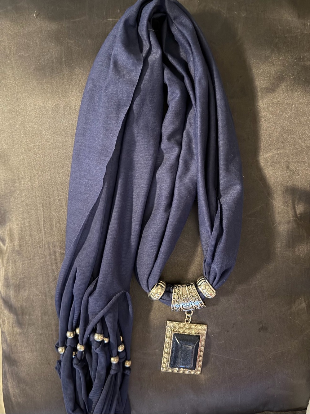 Hand Crafted Navy Boho Scarf/Belt/Wrap w/Silver Beads Fringe Stone-Like Pendant